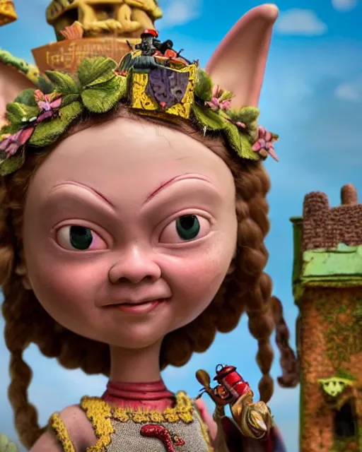 Image similar to highly detailed closeup, face profile portrait of a tin toy greta thunberg as a medieval goblin eating cakes in a castle, bikini, depth of field, nicoletta ceccoli, mark ryden, lostfish, dan decarlo, bob clampett, max fleischer, detailed and intricate environment, 8 k resolution, hyperrealistic, octane render