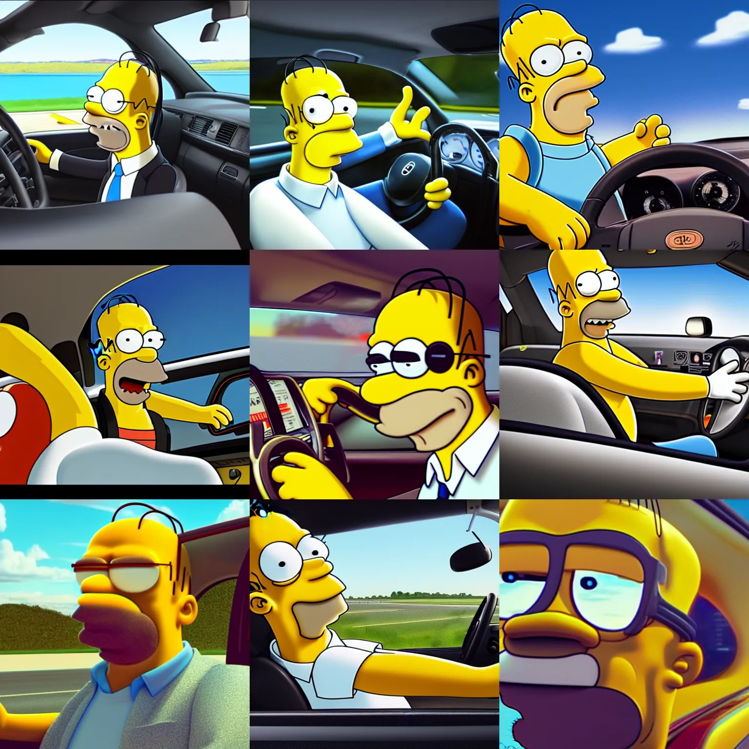 Prompt: homer simpson commuting to work, driving on highway, depressed expression, harsh overexposed lighting, car interior, cgi render 4 k artstation, redshift octane render,