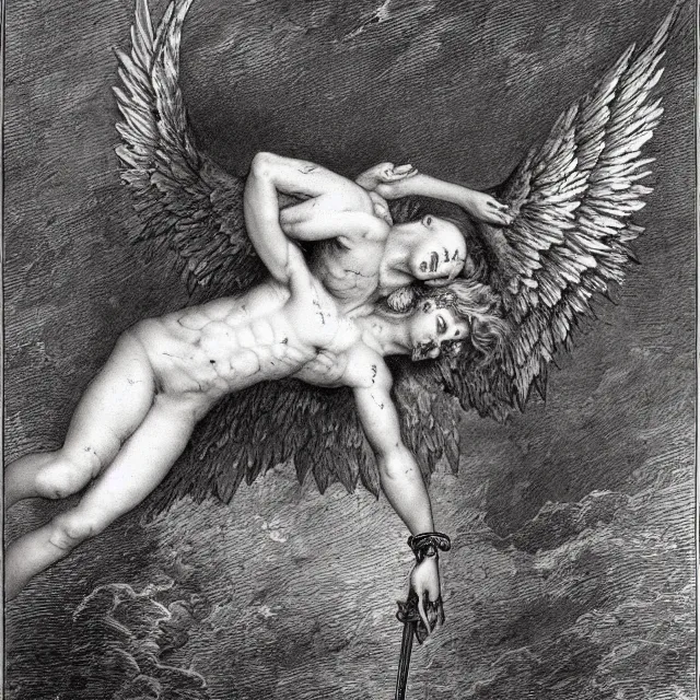 Prompt: fallen angel, gustave dore, tattoo