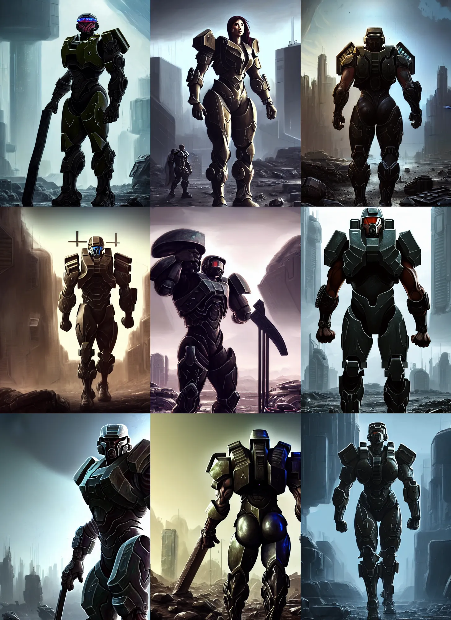 Prompt: a big muscular body builder warrior in full armor walking across a cyberpunk wasteland with no helmet, mjolnir armor from halo infinite, attractive female face, symmetrical face details, ultra realistic, very highly detailed, 8K, octane, Digital painting, concept art, illustration, rule of thirds, sharp focus, centered, good value control