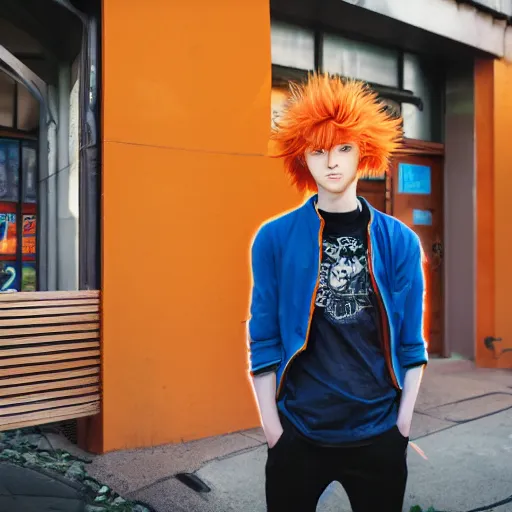 Image similar to orange - haired anime boy, 1 7 - year - old anime boy with wild spiky hair, wearing blue jacket, holding magical technological card, magic card, in front of ramen shop, strong lighting, strong shadows, vivid hues, raytracing, sharp details, subsurface scattering, intricate details, hd anime, 2 0 1 9 anime