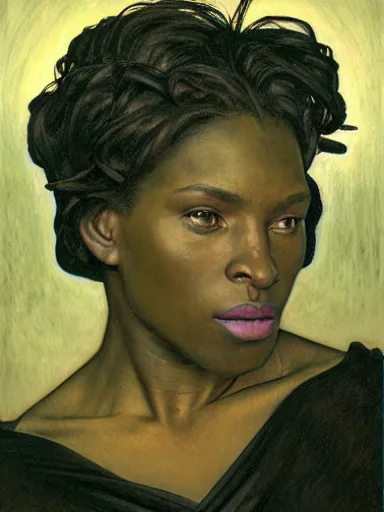 Prompt: portrait of a modern ((black)) woman wearing a dark shirt, upper body 2d game avatar, Donato Giancola, Kodak film stock, chiaroscuro lighting, default pose neutral expression, expressionist colour, face-on head shot, close-up, eye-contact, sharp focus, shape language, Alphonse Mucha/Gustav Klimt style, alpha masked transparent flat grey background, 4k, volumetric lighting, French Nouveau, trending on artstation, octane render, ultra detailed, hyperrealistic