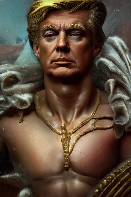 Prompt: President Donald J Trump as a Greek god, detailed face, gorgeous, amazing, muscular, fit, very muscular male body, Caesar victorious, proud Emperor , cyberpunk, intricate, highly detailed, digital painting by beeple, glitched, artstation, concept art, sharp focus, illustration, art by greg rutkowski beeple and alphonse mucha