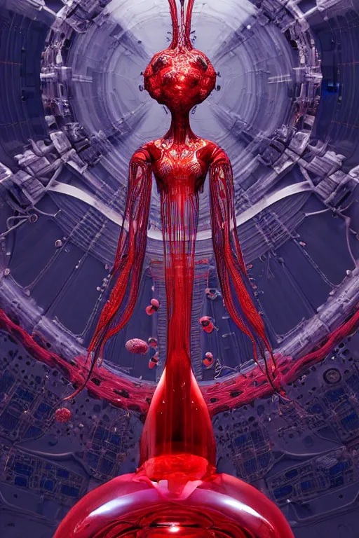 Prompt: background space station, red baroque inflateble dress iris van herpen positing on floor, helmet instead of a head, perfect symmetrical, full body shot, inflateble shapes, wires, tubes, veins, jellyfish, white biomechanical details, wearing epic bionic implants, masterpiece, intricate, biopunk, vogue, highly detailed, artstation, concept art