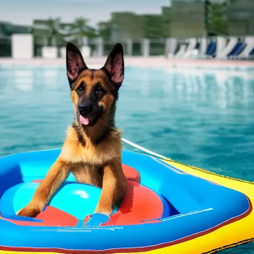 Prompt: An anthropomorphic GSD puppy with hands enjoying a cosmopolitan cocktail and wearing blue-flash Ray-ban sunglasses in a swimming pool while floating on an inflatable raft, tranquil, breezy background, city high-rise, atmospheric, hazy, sweltering, autochrome, 4k, reflections, digital art, photorealistic, renderman, ue5, digital art