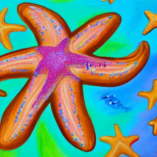 Prompt: a painting of a giant brown starfish with the words c and starfish in big letters. children in a school band playing nearby, playing instruments. realistic. ultra detailed. art by lisa frank