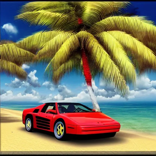 Image similar to a red Ferrari testarossa next to a white sand beach with palm trees. 16bit graphics. Outrun game