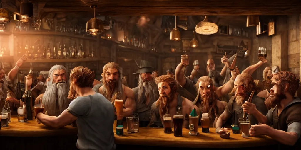 Image similar to a photo of a bar fight inside a pub between hobbits and dwarves and elves, detailed faces, accurate faces, 4k, hyperrealism, editorial, photorealistic, crisp details, sharp focus, wide angle lens, octane render, caustics