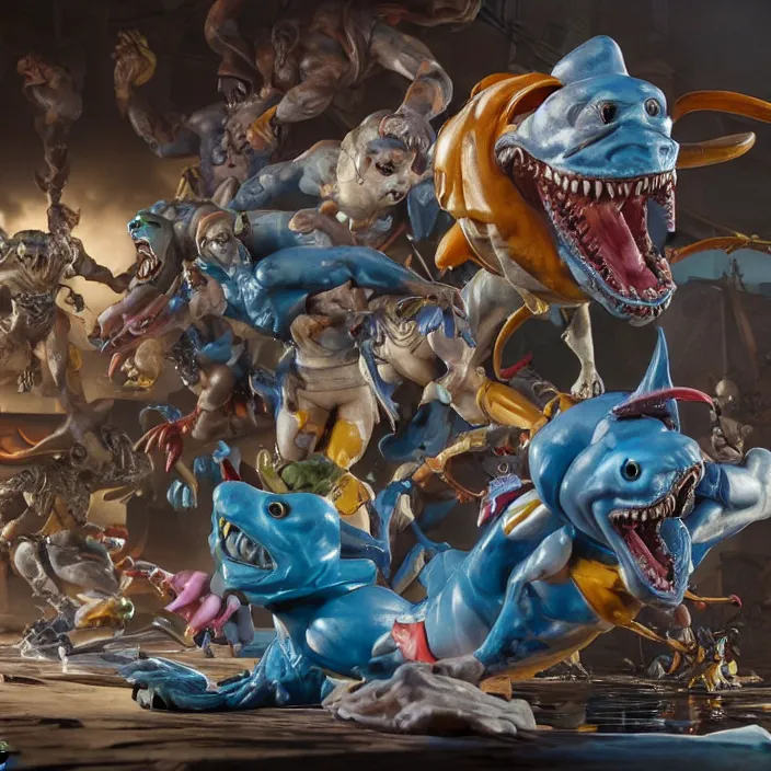 Image similar to jeff koons style street sharks, ultra realistic, concept art, intricate details, serious, highly detailed, photorealistic, octane render, 8 k, unreal engine, art by todd mcfarlane and artgerm and greg rutkowski and alphonse mucha