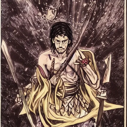 Image similar to pen and ink!!!! attractive 22 year old deus ex Frank Zappa x Jared Leto golden Vagabond!!!! magic swordsman!!!! glides through a beautiful battlefield magic the gathering dramatic esoteric!!!!!! pen and ink!!!!! illustrated in high detail!!!!!!!! by Hiroya Oku!!!!!!!!! Written by Wes Anderson graphic novel published on shonen jump MTG!!! 2049 award winning!!!! full body portrait!!!!! action exposition manga panel