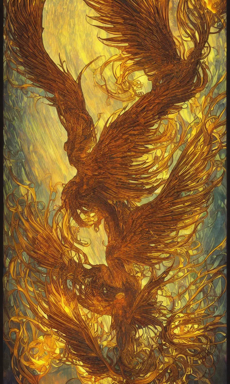 Prompt: ultra realist breathtaking detailed soft painting of a fantasy phoenix, long fire wings and a halo of light around its head, christian saint in the middle of a stained glass of flames, intricate golden art nouveau frame, by Anato Finnstark, Alphonse Mucha, trending on artstation