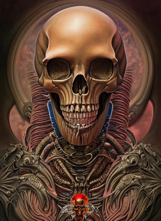 Image similar to hyper detailed masterpiece animal skull alien tattoo warrior by donato giancola and tom bagshaw, face by artgerm and edmund leighton, and h. r. giger, trending on artstation, colorful, psychedelic aesthetic, ornate, background by james jean, 8 k, biomechanical, majestic, volumetric lighting, porcelain skin, concept art, sharp focus