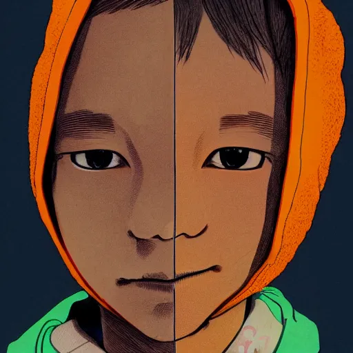 Image similar to a colorful portait of a boy with an orange hoodie made by inio asano, detailed