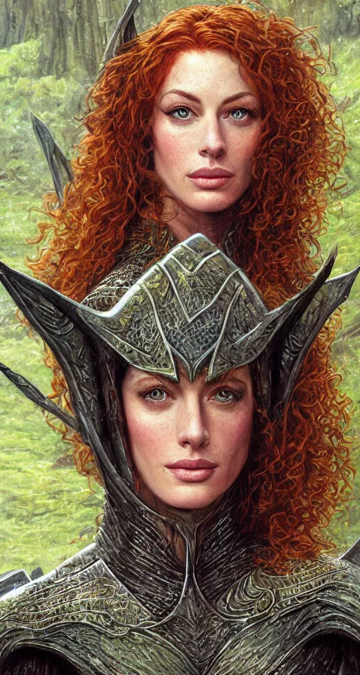 Image similar to Detailed painting of a curly redhead anne hathaway wearing elven armor portrait by Ted Nasmith