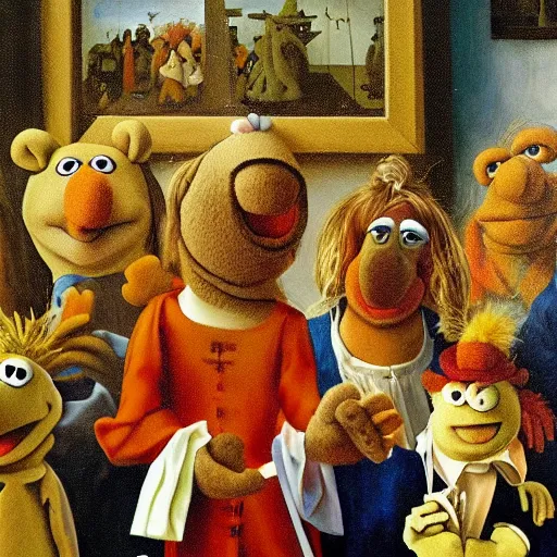 Image similar to painting of muppets at church, in the style of hieronymus bosch and johannes vermeer