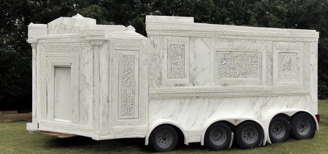 Prompt: islamic and indian - inspired ivory - white marble tiny mausoleum on trailer