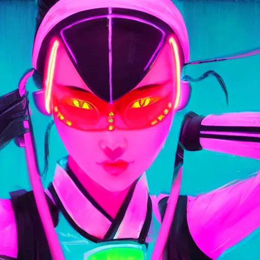 Prompt: stylized japanese girl ninja - cyberpunk, wearing urban techwear, neon lights and armor, painted in acrylic, in the colors hot pink and cyan, beautiful realistic face, spotlight, by greg rutkowski, by jeremy mann, by francoise nielly, by kunio okawara, yoshikazu yasuhiko, in focus, sharp lines