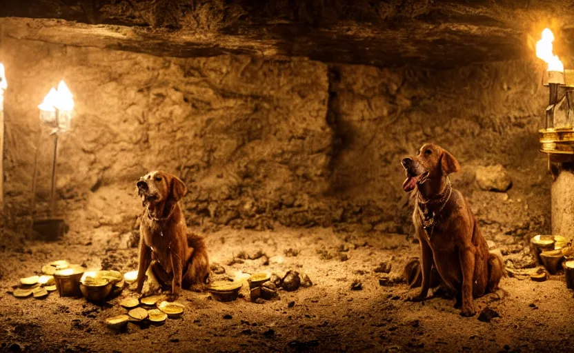 Prompt: a dirty golden retriever in a dark mine wearing a wild west hat and jacket with large piles of gold nuggets nearby, dim moody lighting, wooden supports, wall torches, stylized photo