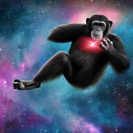 Image similar to a chimpanzee floating through outer space reaching out and touching nebula with it's finger, digital art, concept art, DeviantArt, art station illustration highly detailed artwork cinematic hyper realistic