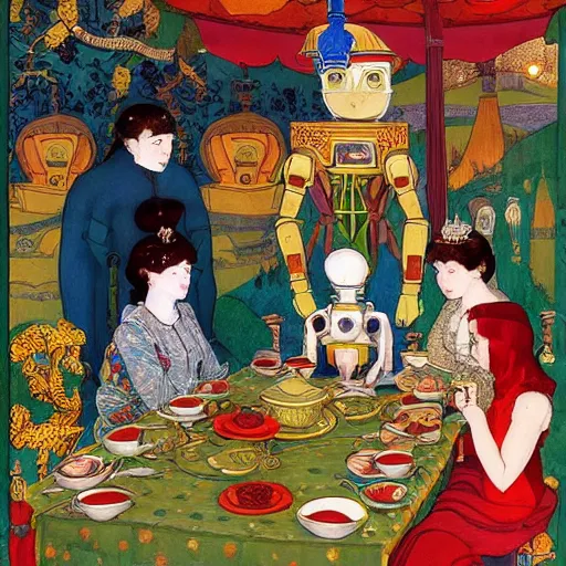 Image similar to detailed Ivan Bilibin and Edmund Dulac and James Jean inspired painting of mech robots having tea with the queen of England in 1953.