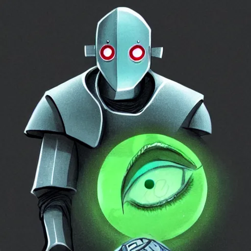 Prompt: A one eyed D&D grey warforged with a single cherenkov blue sphere for an eye wearing green robes. Scratchy art. Detailed