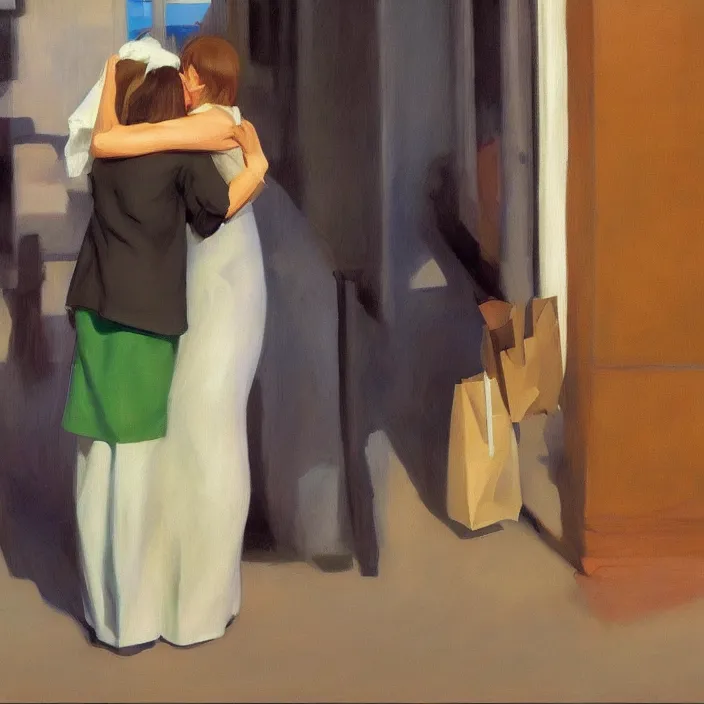 Image similar to two women hugging with a paper bag over the head dressed in plastic bags highly detailed artstation art by edward hopper zdislav beks