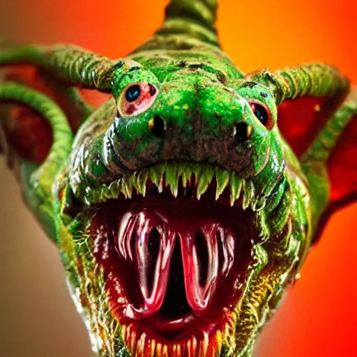 Image similar to slimy monster with long slimy textured tongue, dripping saliva, macro photo, fangs, red glowing veins, skin with snake scales, cinematic, tiny glowbugs flying everywhere, standing a swamp, flying wasps, insanely detailed, dramatic lighting