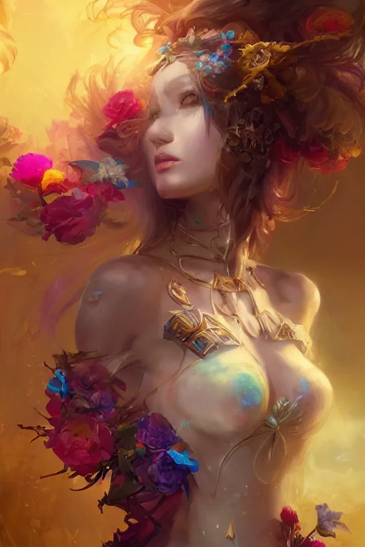 Image similar to beautiful girl necromancer covered with rainbow, 3 d render, hyper realistic detailed portrait, holding magic flowers, ruan jia, wlop. scifi, fantasy, hyper detailed, octane render, concept art, peter mohrbacher