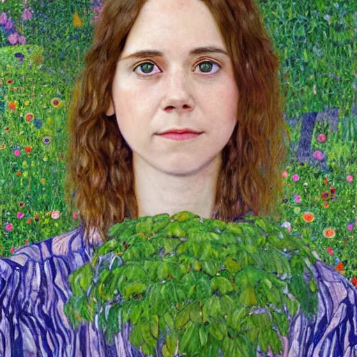 Prompt: a portrait of female asa Butterfield mixed with pam beesly, detailed eyes, content, kind, smiling, green eyes, surrounded by plants, by gustav klimt