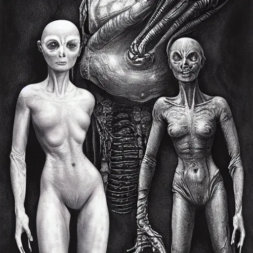 Prompt: of a matte painting of females with transparent skin holding a alien, matte painting, black and white, by hr giger , aliens, giger