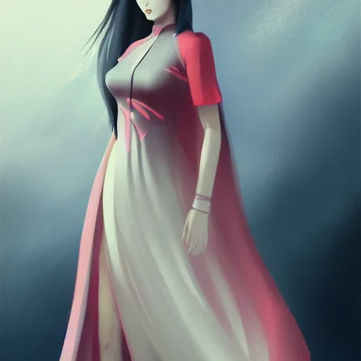 Image similar to Asian woman wearing a dress, ArtStation trending, detailed, digital art, calm colors,