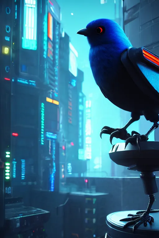 Image similar to high quality 3 d render very cute cyborg crow! next to microphone!, cyberpunk highly detailed, unreal engine cinematic smooth, in the style of blade runner & detective pikachu, hannah yata charlie immer, moody light, low angle, uhd 8 k, sharp focus