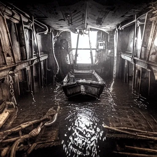 Image similar to the interior of a flooded rusty shipwreck, dark, scary lighting, scary, creepy, eerie, horror, submechanophobia, murky water, photo,