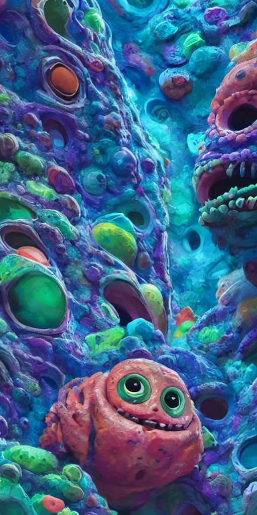 Image similar to of a colorful deep sea cave with strange cute friendly happy creatures with huge eyes, mouth, long tongue and round teeth appearing from sandy coral, in the style of gehry and gaudi, macro lens, shallow depth of field, ultra detailed, digital painting, trending artstation, concept art, illustration, cinematic lighting, photorealism, epic, octane render