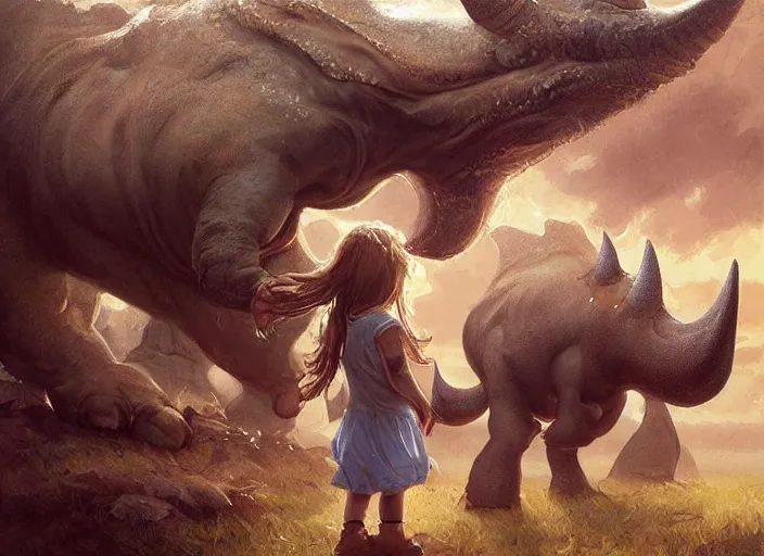 Image similar to a cute little girl with wavy curly brown hair meets a triceratops. beautiful painting by artgerm and greg rutkowski