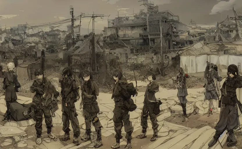 Image similar to anime style, modern warfare, panoramic view, trench and sandbags in background, soldier clothing, hair down, real faces, symmetrical facial features, from arknights, wallpaper, detailed drawing, trending pixiv, safebooru, volumetric modelling, think in 3 d, by alphonse mucha, greg rutkowski, sharp focus, backlit, under fire