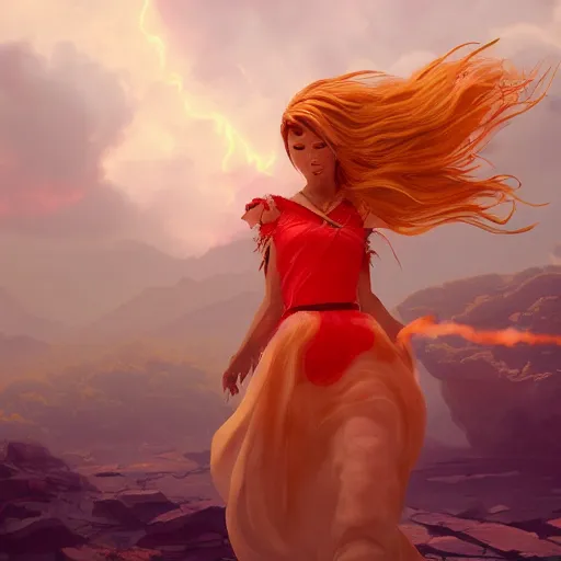 Image similar to goddes of the sun, beautiful, stunning, red golden dress, whirling with power in the sky, unreal engine, concept art, photorealistic, cinematic, james jean, akira, satochi con