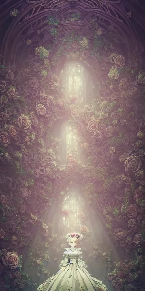 Image similar to the beautiful hyperdetailed physical rendering of a single rose wedding gothic lolita dress clothing design display in exhibition hall, perfectly shaded, atmospheric lighting, in the style of makoto shinkai victo ngai and peter mohrbacher studio ghibli artgerm karol bak beeple, surrealistic style, 8 k hd, 3 drender