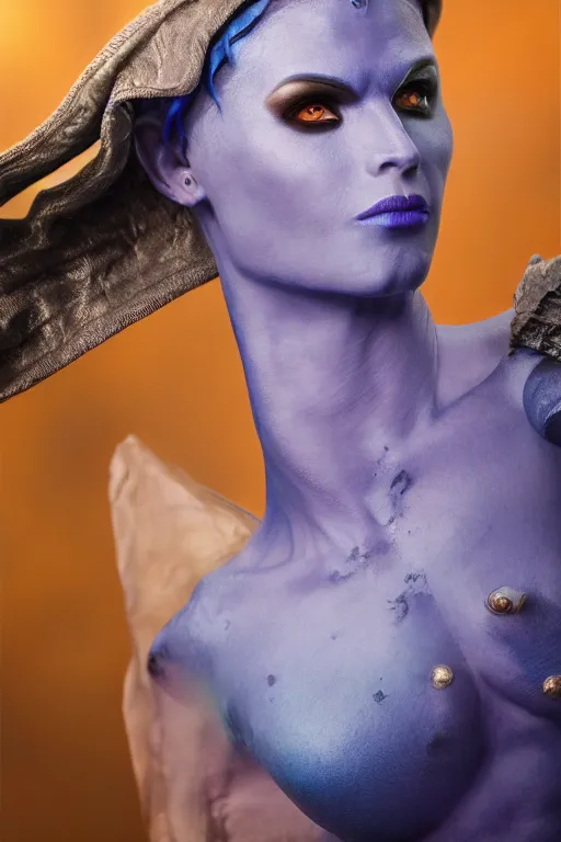 Image similar to a blue-skinned female DND vedalken, high resolution film still, 8k, HDR colors, cosplay, studio lighting, photo by bruce weber