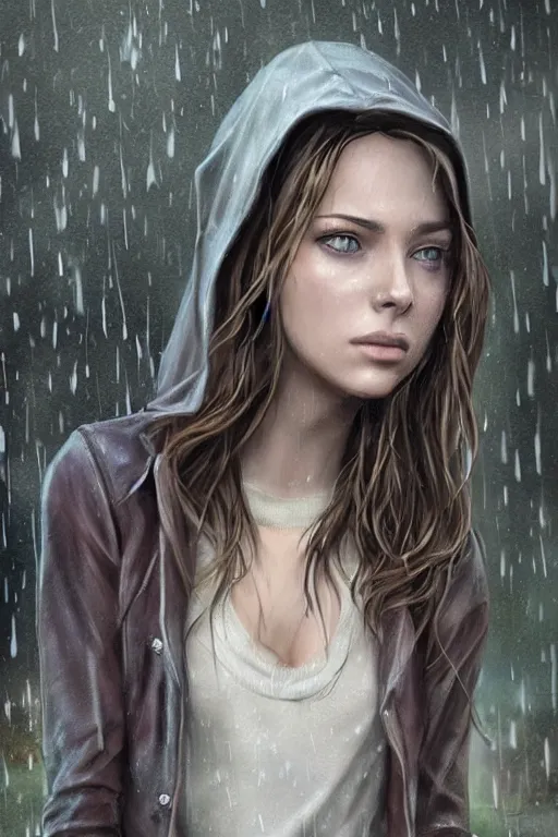 Image similar to tv scene of rachel amber from life is strange standing in a graveyard in the rain, highly detailed, sharp focused, ultra realistic digital concept art by Alyssa Monks, Charlie Bowater