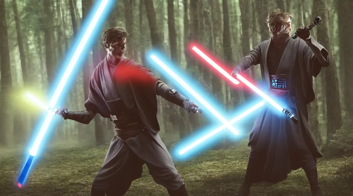 Prompt: Jedi master blue lightsaber vs fighting sith red lightsabers, forest background, Canon, 100mm, octane render, photorealistic, detailed, cinematic, 8k no blur, volumetric lightning