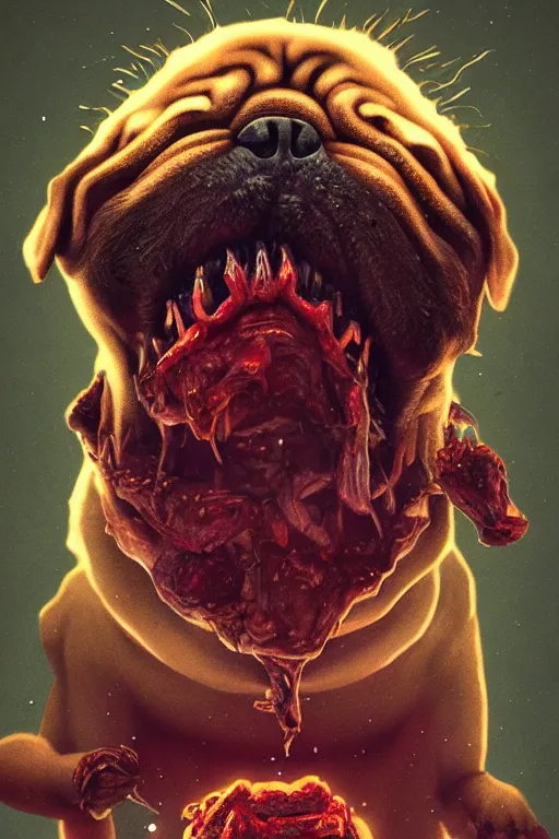 Image similar to demon pug eating flesh. art by mike winkelmann, sticker, illustration, highly detailed,