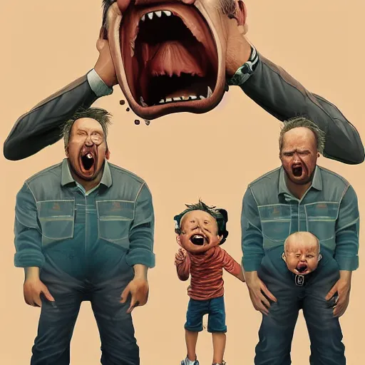 Prompt: Father yelling energetically with a big mouth at his little son who keeps his head down., exaggerated by Sebastian Krüger and Bruno Tesse trending on artstation, hyperdetailed, humor, perfect composition