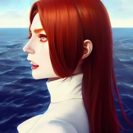 Prompt: beautiful pale vampire with auburn hair in a white turtleneck dress, on a super yacht, by guweiz and wlop and ilya kuvshinov and and moebius and bilal and artgerm, symmetrical eyes, aesthetic, gorgeous, stunning, alluring, attractive, half body portrait, artstation, deviantart, pinterest, digital art