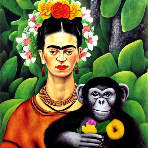 Prompt: highly detailed matte painting of frida kahlo as a young girl with her monkey and flowers by diego rivera