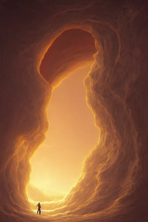 Image similar to a glowing magical portal inside a big wave made of sand fantasy desert, portal, a man watching over, sci fi, lightning, night, arabia, by caspar david friedrich by james gillard and justin gerard, artstation, smooth, sharp focus, by jean baptiste, bernardo bellotto