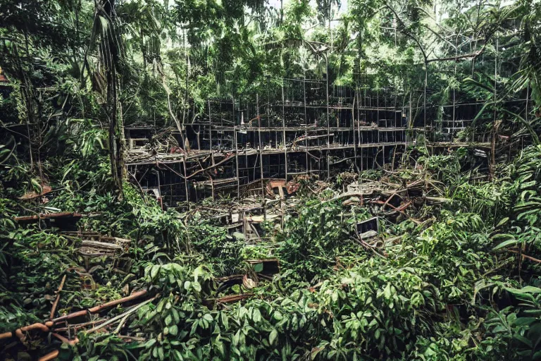 Prompt: ruins of a shopping mall in a jungle, DSLR photography