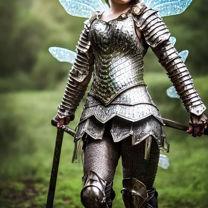 Image similar to full body photo of a fairy warrior wearing sparkly armour, highly detailed, 4 k, hdr, smooth, sharp focus, high resolution, award - winning photo