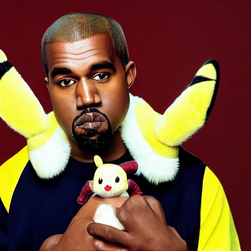 Image similar to Kanye West holding pikachu for a 1990s sitcom tv show, Studio Photograph, portrait