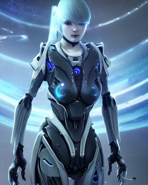 Image similar to perfect android girl on a mothership, warframe armor, beautiful face, scifi, futuristic, galaxy, nebula, raytracing, dreamy, long white hair, blue cyborg eyes, sharp focus, cinematic lighting, highly detailed, artstation, divine, by gauthier leblanc, kazuya takahashi, huifeng huang